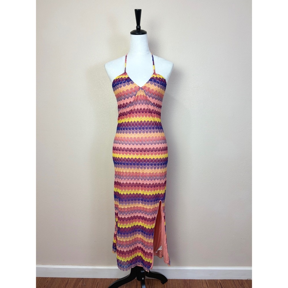 Colorful Striped Strappy Open Back Knit Halter Top Maxi Dress Size Medium Summer